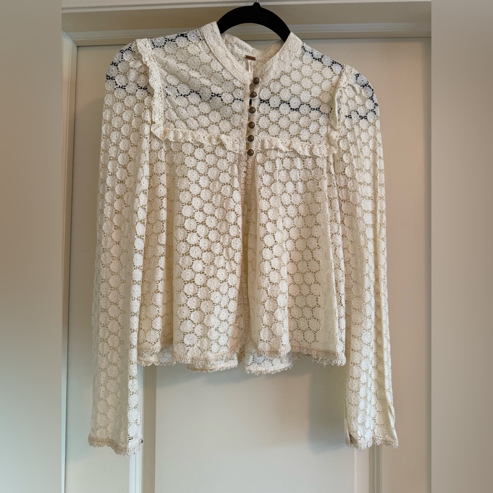 Free People Cream Cropped Blouse with Peter Pan Collar